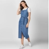 Dropship Women's Denim Solid Round Neck Sleeveless Dress (Blue)