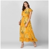 Dropship Women's Polyester Floral Round Neck Butterfly Sleeve Dress (Yellow)
