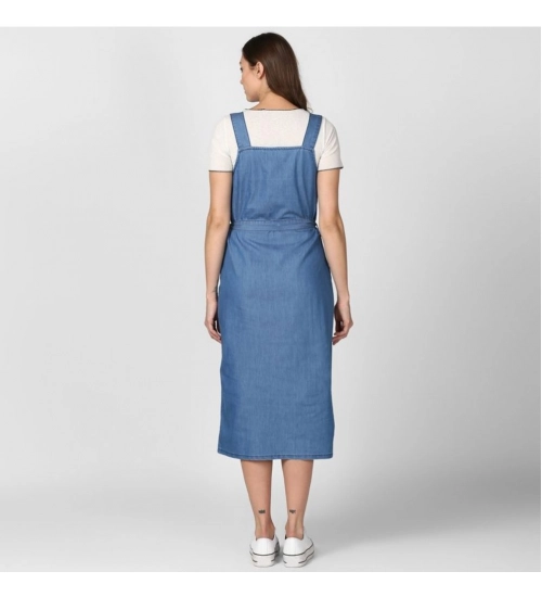 Women's Denim Solid Round Neck Sleeveless Dress (Blue)