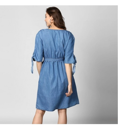 Women's Denim Solid V-Neck Tie Ups Dress (Blue)