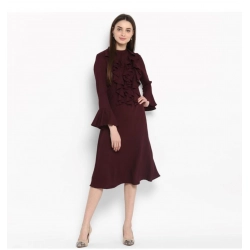 Women's Polyester Ruffled Close Neck Bell Sleeve Dress (Maroon)