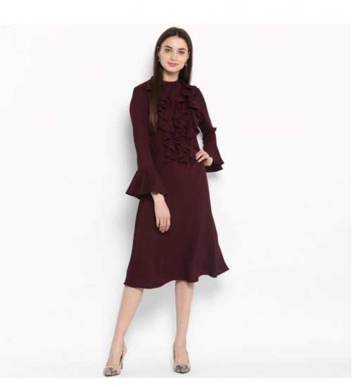 Women's Polyester Ruffled Close Neck Bell Sleeve Dress (Maroon)