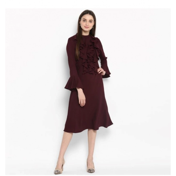 Dropship Women's Polyester Ruffled Close Neck Bell Sleeve Dress (Maroon)