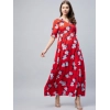 Dropship Women's Cotton Blend Floral V-Neck Half Sleeve Dress (Blue-Red)