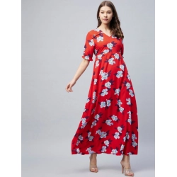 Women's Cotton Blend Floral V-Neck Half Sleeve Dress (Blue-Red)