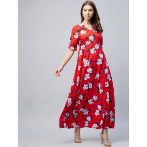 Generic Women's Cotton Blend Floral V-Neck Half Sleeve Dress (Blue-Red)