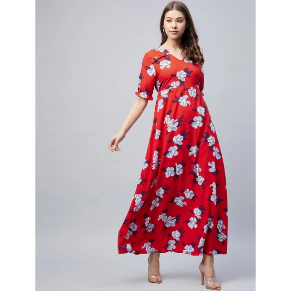 Dropship Women's Cotton Blend Floral V-Neck Half Sleeve Dress (Blue-Red)