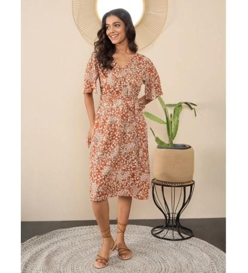 Women's Polyester Moss Floral V-Neck Bell Sleeve Dress (Brown)