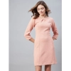 Dropship Women's Polyester Jacquard Self Design Round Neck 3/4th Sleeves Dress (Pink)