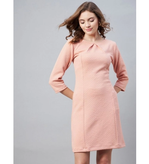 Women's Polyester Jacquard Self Design Round Neck 3/4th Sleeves Dress (Pink)