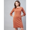 Dropship Women's Polyester Jacquard Self Design Round Neck 3/4th Sleeves Dress (Rust)