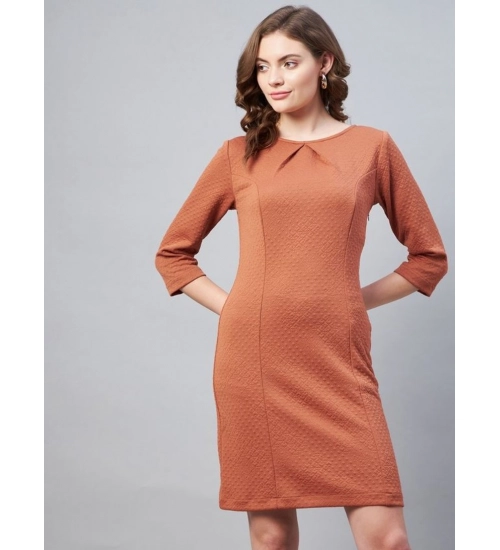 Women's Polyester Jacquard Self Design Round Neck 3/4th Sleeves Dress (Rust)