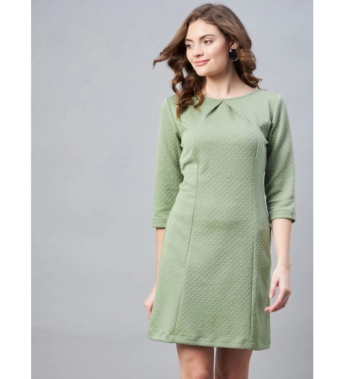 Women's Polyester Jacquard Self Design Round Neck 3/4th Sleeves Dress (Olive)