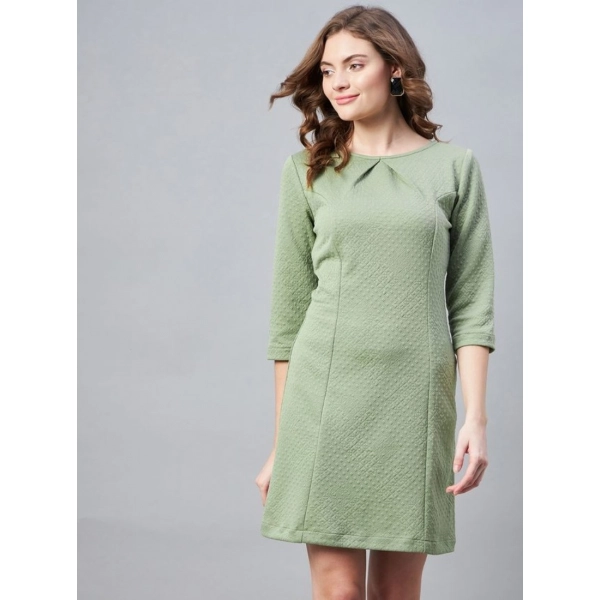Dropship Women's Polyester Jacquard Self Design Round Neck 3/4th Sleeves Dress (Olive)