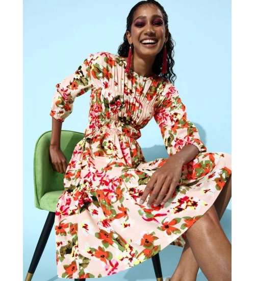 Women's Polyester Moss Polka Round Neck 3/4th Sleeves Dress (Multicolor) Women's Polyester Moss Polka Round Neck 3/4th Sleeves Dress (Multicolor)