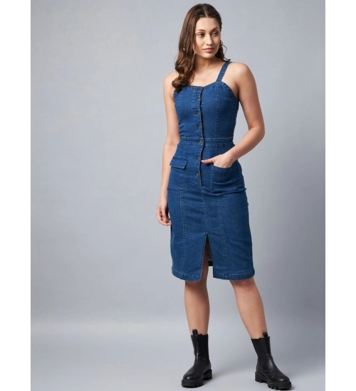 Women's Denim Lycra Solid Square Neck Shoulder Straps Dress (Blue)