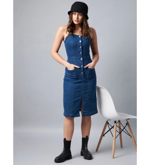 Women's Denim Lycra Solid Square Neck Shoulder Straps Dress (Blue)
