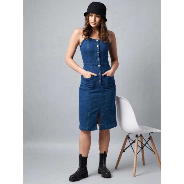 Dropship Women's Denim Lycra Solid Square Neck Shoulder Straps Dress (Blue)