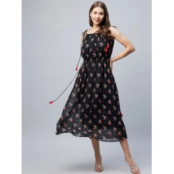 Women's Chiffon Floral Square Neck Sleeveless Dress (Black)