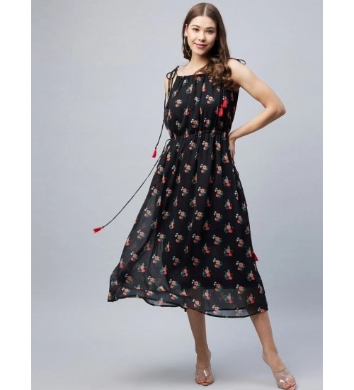 Women's Chiffon Floral Square Neck Sleeveless Dress (Black)