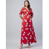 Dropship Women's Cotton Blend Floral V-Neck Half Sleeve Dress (Blue-Red)