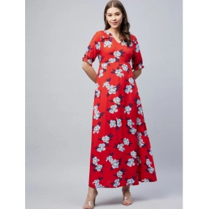 Generic Women's Cotton Blend Floral V-Neck Half Sleeve Dress (Blue-Red)