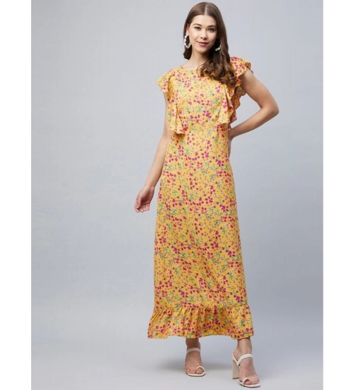 Women's Polyester Floral Round Neck Flutter Dress (Red)