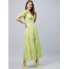 Dropship Women's Polyester-Cotton Blend Checkered Square Neck Half Sleeve Dress (Lime Green)