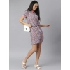 Dropship Women's Polyester Moss Floral Collar Neck Short Sleeve Dress (Grey-Red)