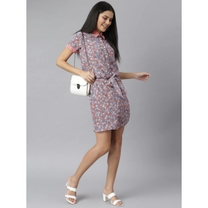 Generic Women's Polyester Moss Floral Collar Neck Short Sleeve Dress (Grey-Red)