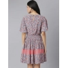 Dropship Women's Polyester Moss Floral Round Neck Flutter Dress (Grey-Red)