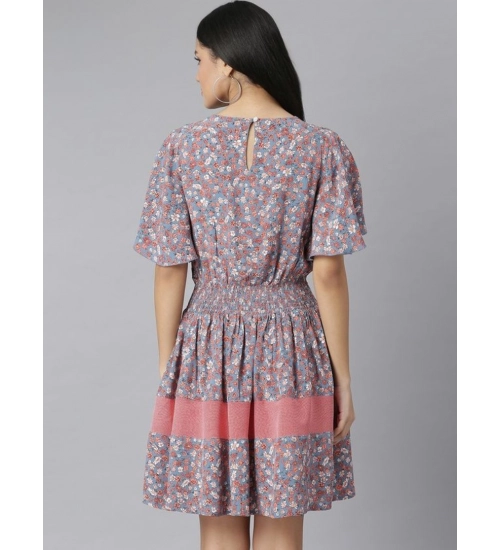 Women's Polyester Moss Floral Round Neck Flutter Dress (Grey-Red) Women's Polyester Moss Floral Round Neck Flutter Dress (Grey-Red)