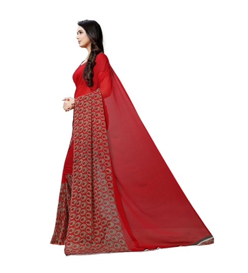 Women's Georgette Printed Saree With Unstitched Blouse 5.5Mtr (Red)
