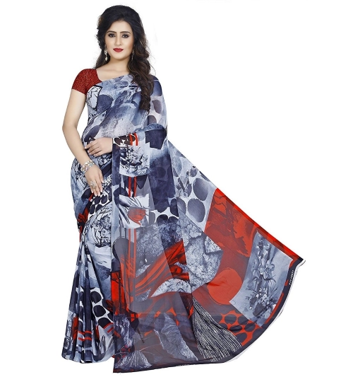 Women's Faux Georgette Printed Saree With Unstitched Blouse 5.5Mtr (Black)