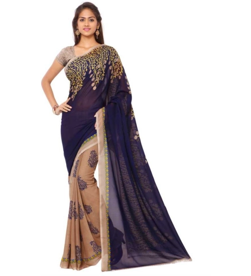 Women's Faux Georgette Printed Saree With Unstitched Blouse 5.5Mtr (Blue)