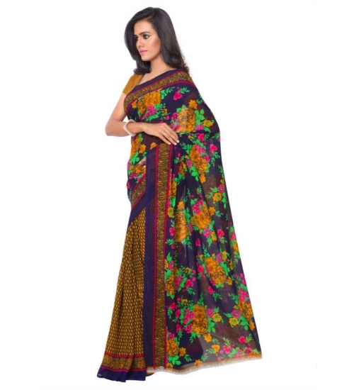 Women's Faux Georgette Printed Saree With Unstitched Blouse 5.5Mtr (Gold)
