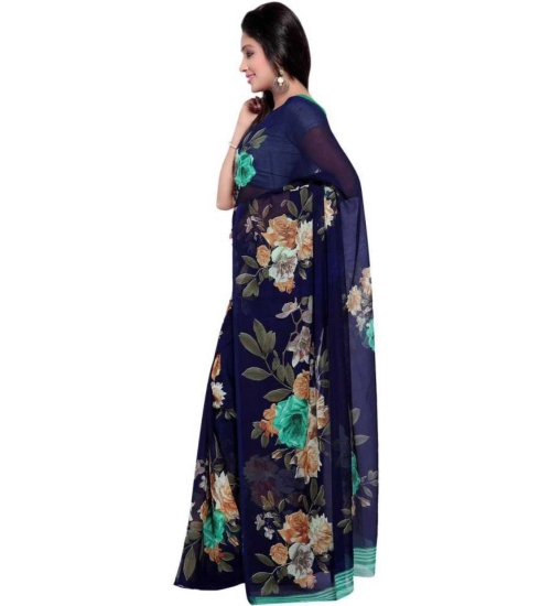 Women's Faux Georgette Printed Saree With Unstitched Blouse 5.5Mtr (Blue)