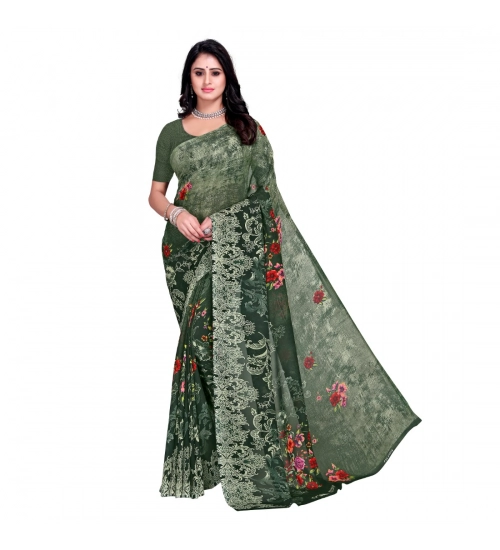 Women's Faux Georgette Printed Saree With Unstitched Blouse 5.5Mtr (Green)