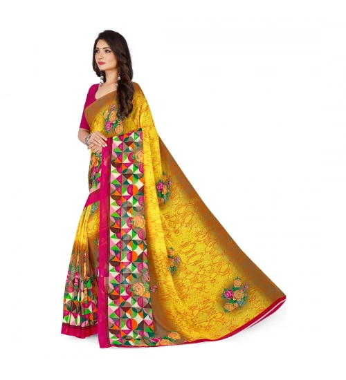Women's Faux Georgette Printed Saree With Unstitched Blouse 5.5Mtr (Yellow)