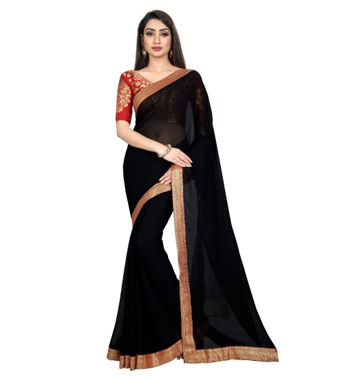 Women's Chiifon Saree Printed Saree With Unstitched Blouse 5.5Mtr (Black)