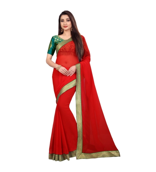 Women's Chiifon Saree Printed Saree With Unstitched Blouse 5.5Mtr (Red)