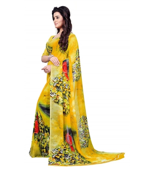 Women's Faux Georgette Printed Saree With Unstitched Blouse 5.5Mtr (Yellow)