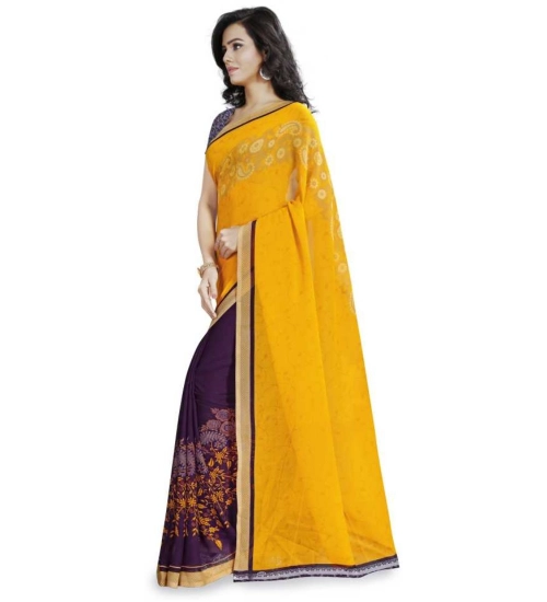 Women's Faux Georgette Printed Saree With Unstitched Blouse 5.5Mtr (Yellow)