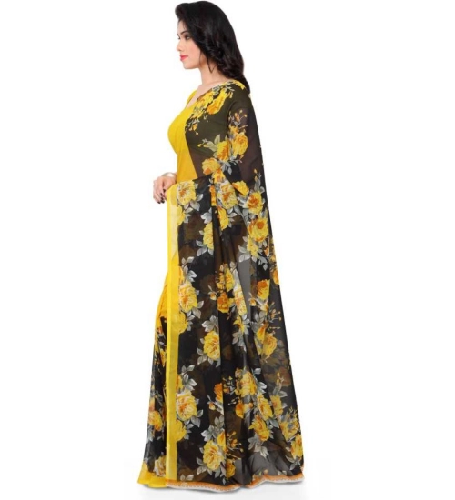 Women's Faux Georgette Printed Saree With Unstitched Blouse 5.5Mtr (Yellow)