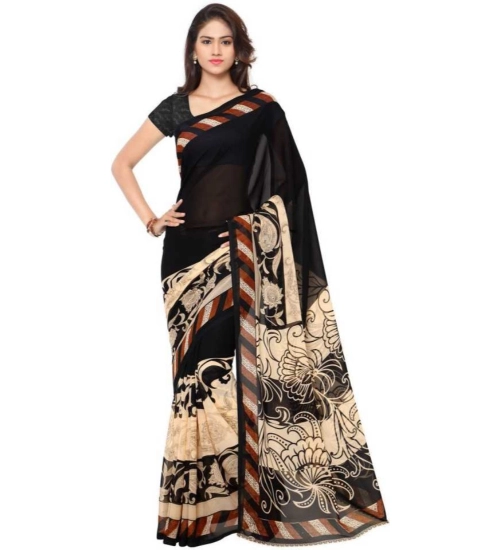 Women's Faux Georgette Printed Saree With Unstitched Blouse 5.5Mtr (Black)