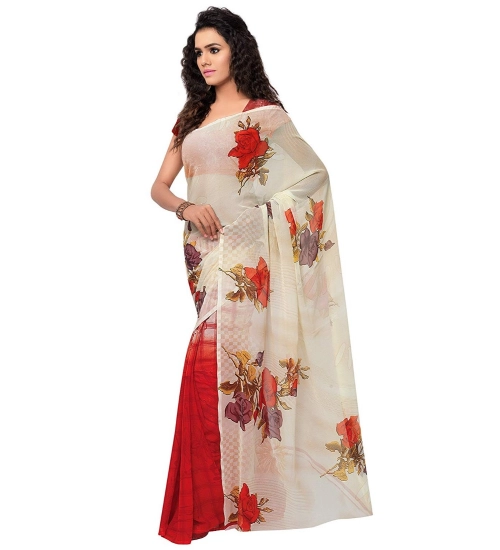 Women's Faux Georgette Printed Saree With Unstitched Blouse 5.5Mtr (Red)