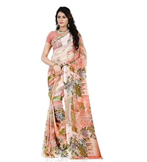 Women's Faux Georgette Printed Saree With Unstitched Blouse 5.5Mtr (Orange)