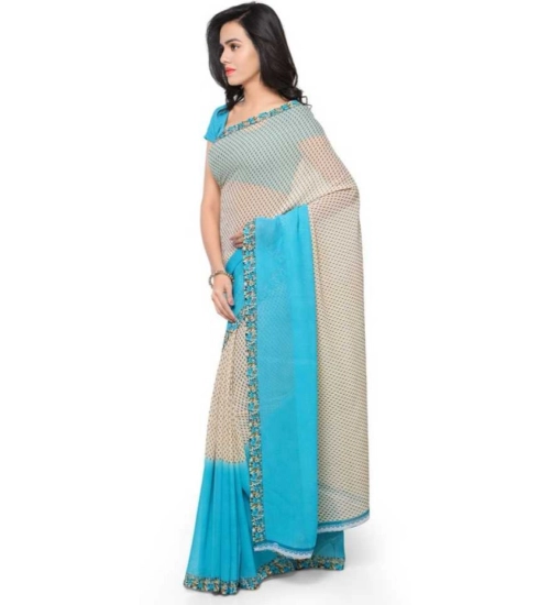 Women's Faux Georgette Printed Saree With Unstitched Blouse 5.5Mtr (Blue)
