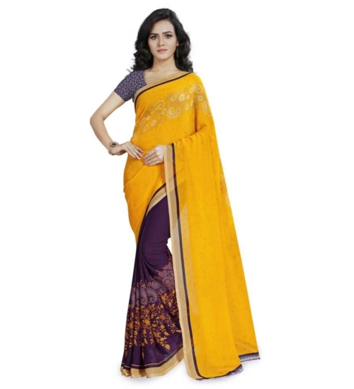 Women's Faux Georgette Printed Saree With Unstitched Blouse 5.5Mtr (Yellow)