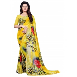 Women's Faux Georgette Printed Saree With Unstitched Blouse 5.5Mtr (Yellow)